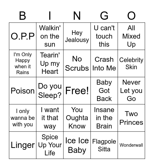 90s Music Bingo Card