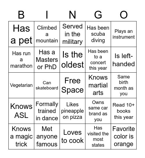 Icebreaker Bingo Card