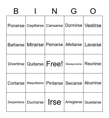 Reflexive Verbs Bingo Card