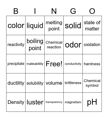 PROPERTIES OF MATTER Bingo Card
