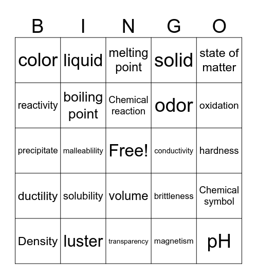 PROPERTIES OF MATTER Bingo Card