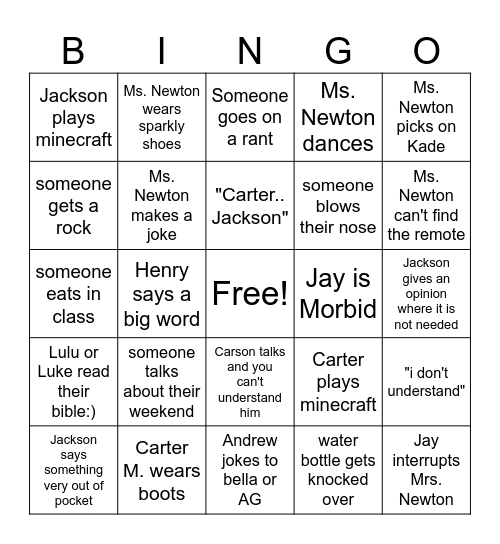 English Bingo Card