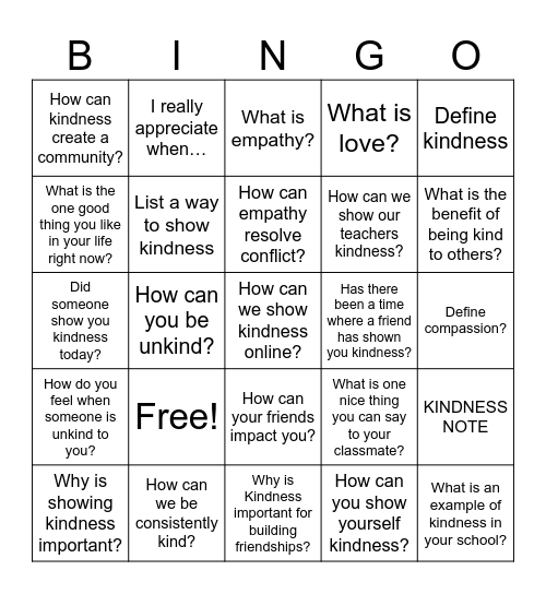 Kindness Bingo Card