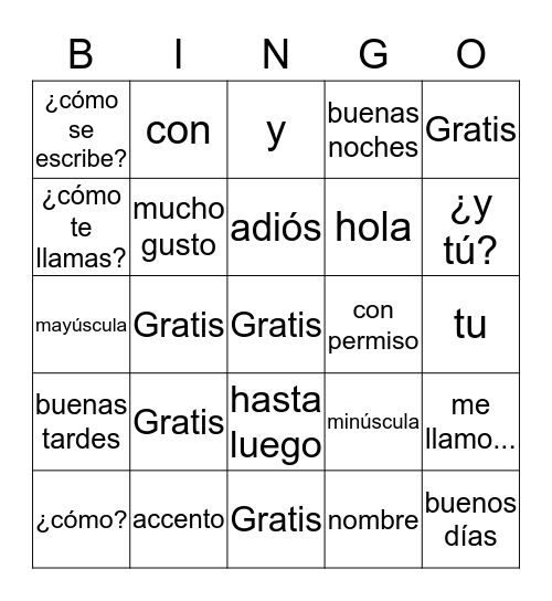 Vocabulary List 1 Bingo Card