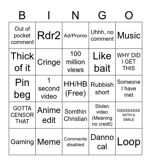 YT SHORT BINGO Card