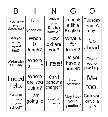 Beginning English phrases Bingo Card