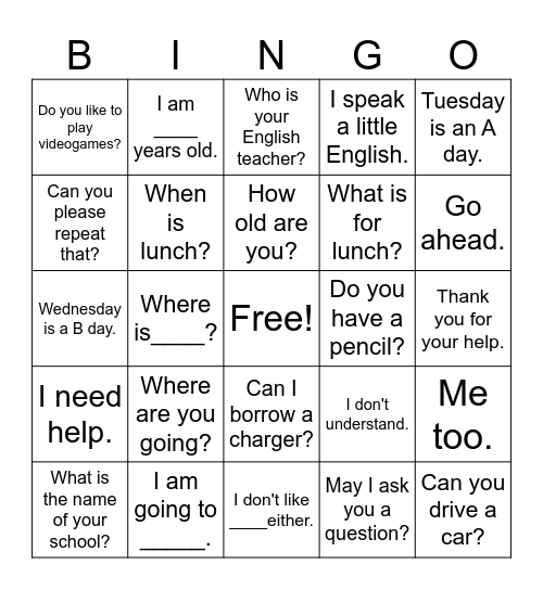 Beginning English phrases Bingo Card