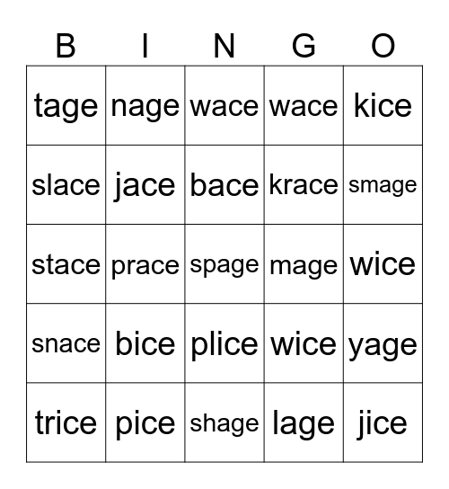 ace, age, ice Bingo Card