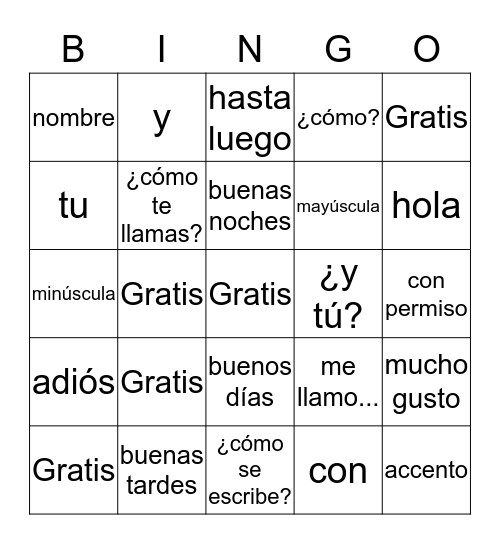 Vocabulary List 1 Bingo Card