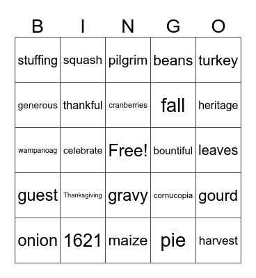 ASL I Thanksgiving Bingo Card