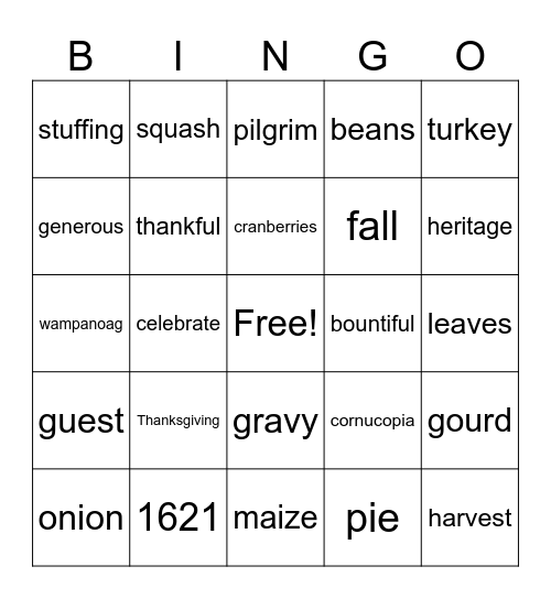 ASL I Thanksgiving Bingo Card