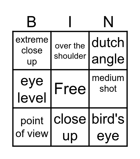 Camera Angles Bingo Card