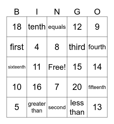 Numbers Bingo Card