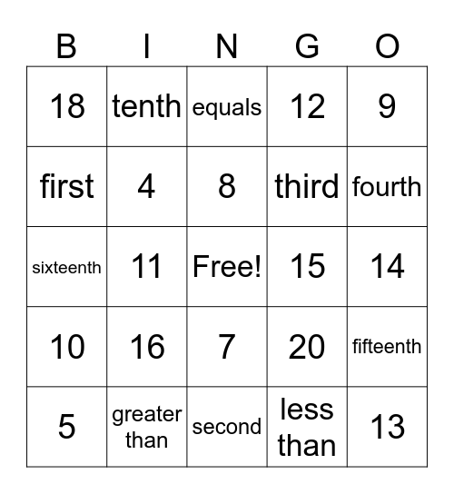 Numbers Bingo Card