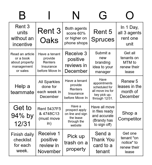 Leasing Agent Bingo Card