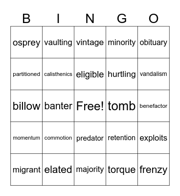 Tangerine Vocabulary Bingo Card