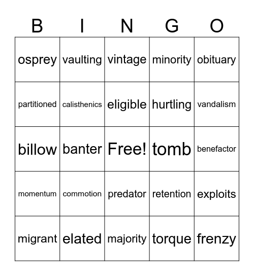 Tangerine Vocabulary Bingo Card