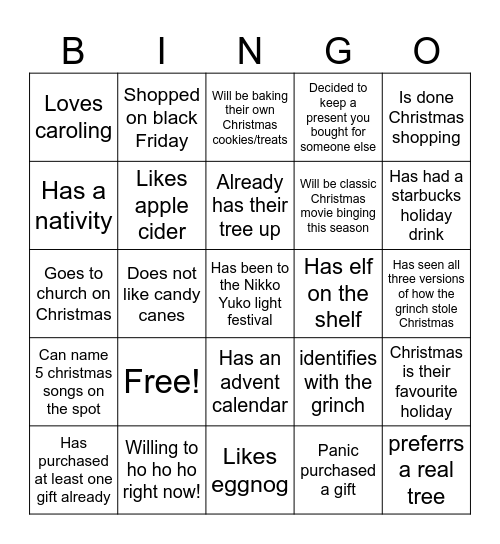 Co-worker Christmas Bingo Card