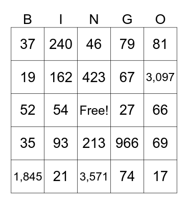 Division (No Remainders) Bingo Card