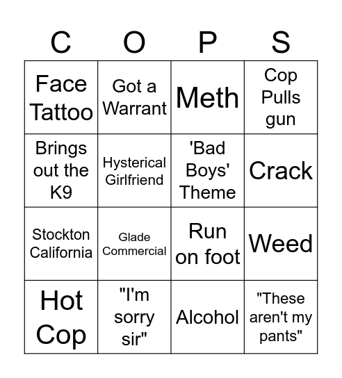 COPS Bingo Card