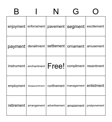 -ment suffix Bingo Card