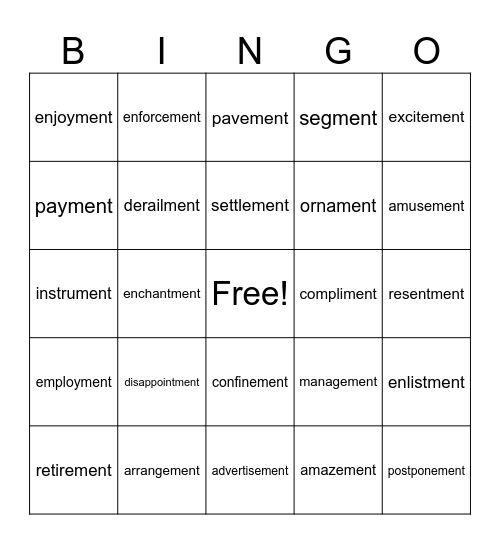 -ment suffix Bingo Card
