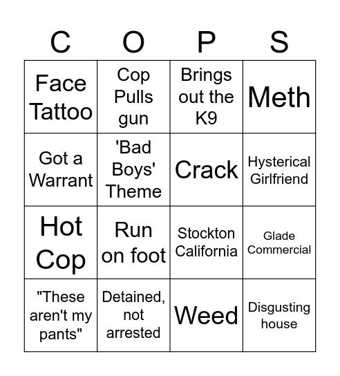 COPS Bingo Card