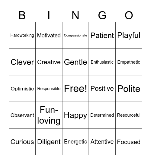 Adjectives Bingo Card