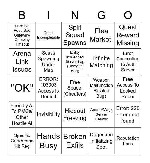 Tarkov Bug Bingo Card