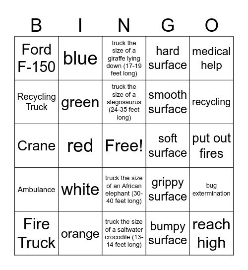 Touch-A-Truck Bingo Card