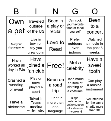 Team Ackerman Connect Time Bingo Card