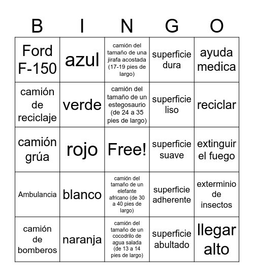 Touch-A-Truck /  Tocar-Un-Camión Bingo Card