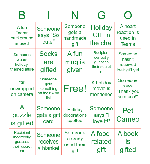 Secret Elf Bingo Card