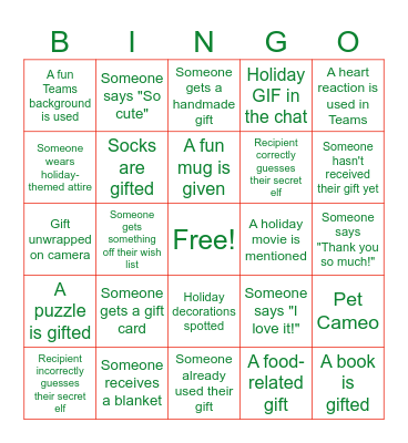 Secret Elf Bingo Card