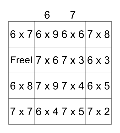 6's & 7's Bingo Card