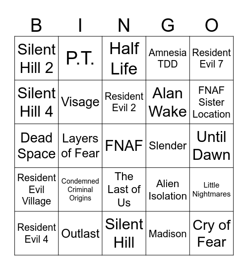 IGN Top 25 Horror Games Bingo Card