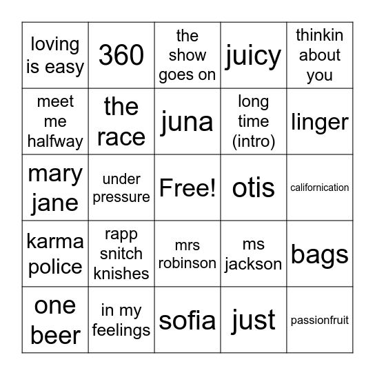 shmegs Bingo Card