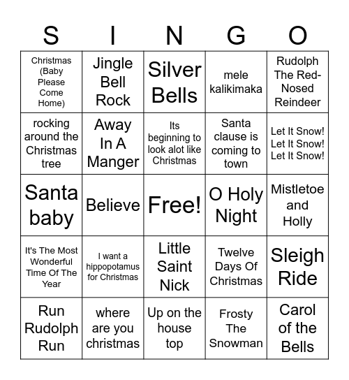 Christmas Singo Bingo Card