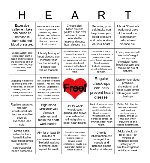 Heart Health BINGO Card