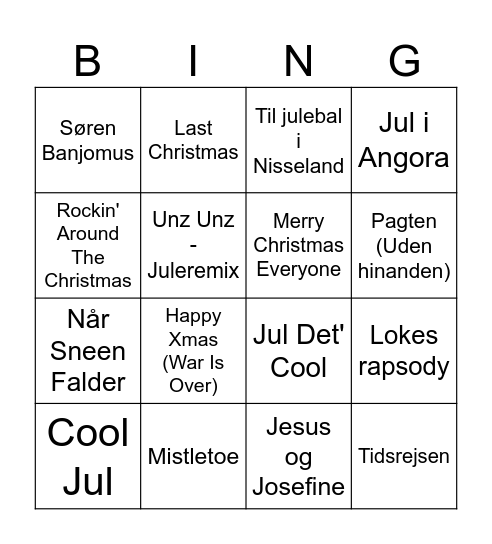 Julesangebingo Card