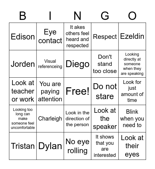 Eye Contact Bingo Card