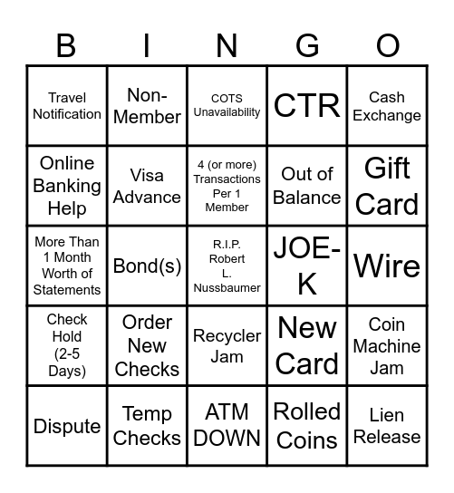 FCCU - Tellers Bingo Card