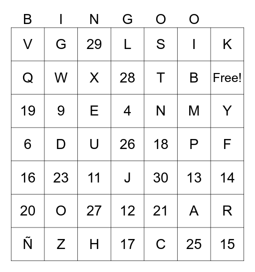 El Alfabeto y los números Bingo Card