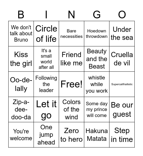 Disney Bingo Card