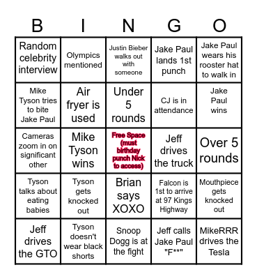 Mike Tyson V. Jake Paul Bingo Card