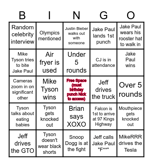 Mike Tyson V. Jake Paul Bingo Card