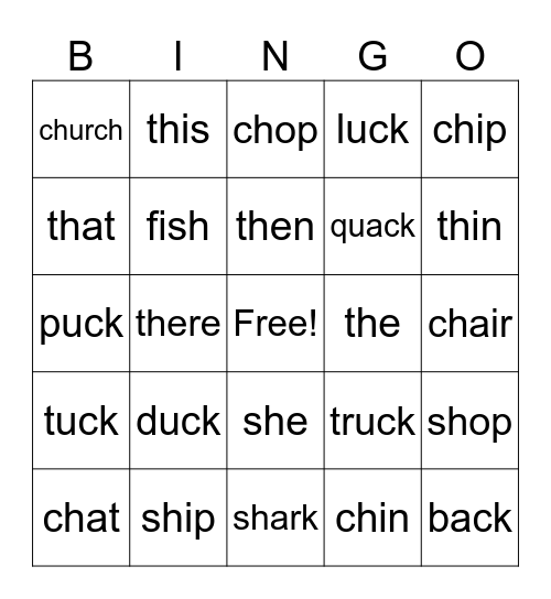 Digraphs ck, sh, th & ch Bingo Card