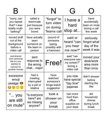 Working from Home #1 Bingo Card