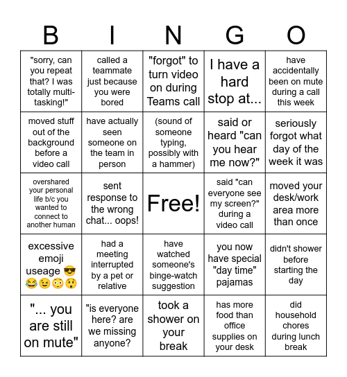 Working from Home #1 Bingo Card