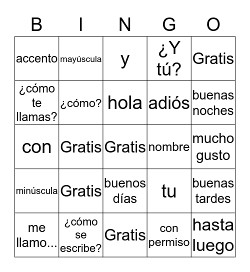 Vocabulary List 1 Bingo Card